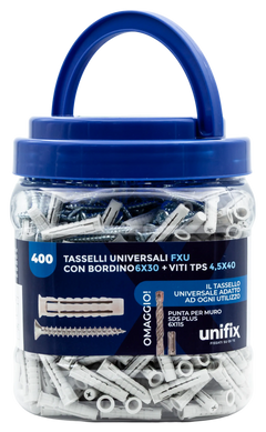 Tub of FXU universal plugs with rim and TPS Pozidriv screws with SDS-Plus bit Unifix