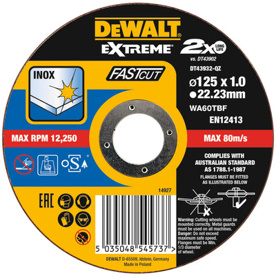 Disco da taglio Extreme Thin Fast Cut 125 x 1,0 x 22,23 mm DeWalt DT43932-QZ