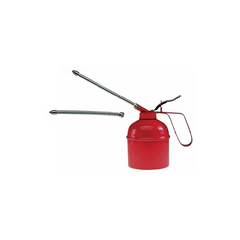 Oil can in painted sheet steel with brass pump and rigid and flexible spout
